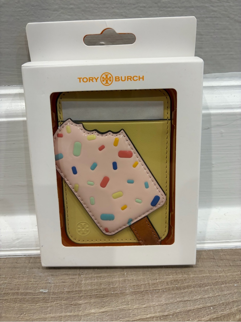 Tory Burch Yellow Card Holder with Pink Sprinkles Popsicle Charm